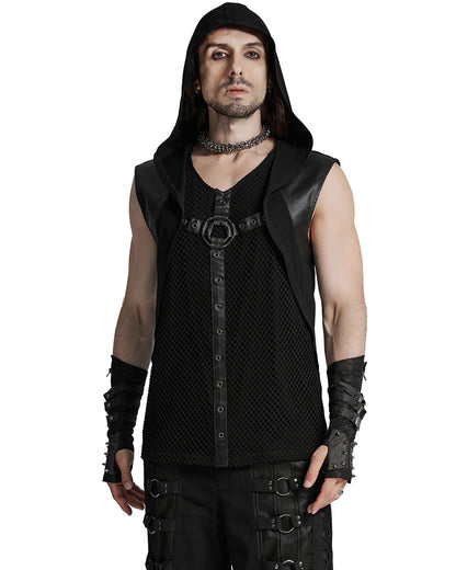 WT-936BXM Mens Apocalyptic Cyberpunk Mesh Overlay Hooded Tank Top Vest