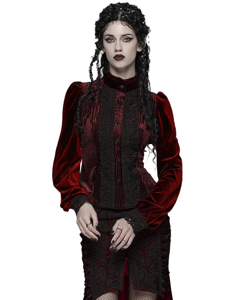 WY-1798CCF Womens Elegant Gothic Striped Velvet & Lace Applique Blouse Top - Red