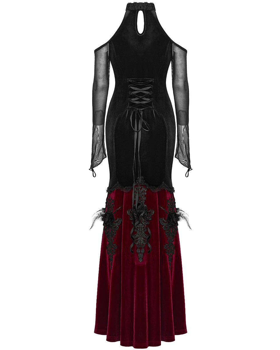PR-WQ-658LQF-BKRDF Womens Dark Regency Gothic Velvet & Mesh Evening Dress - Black & Red