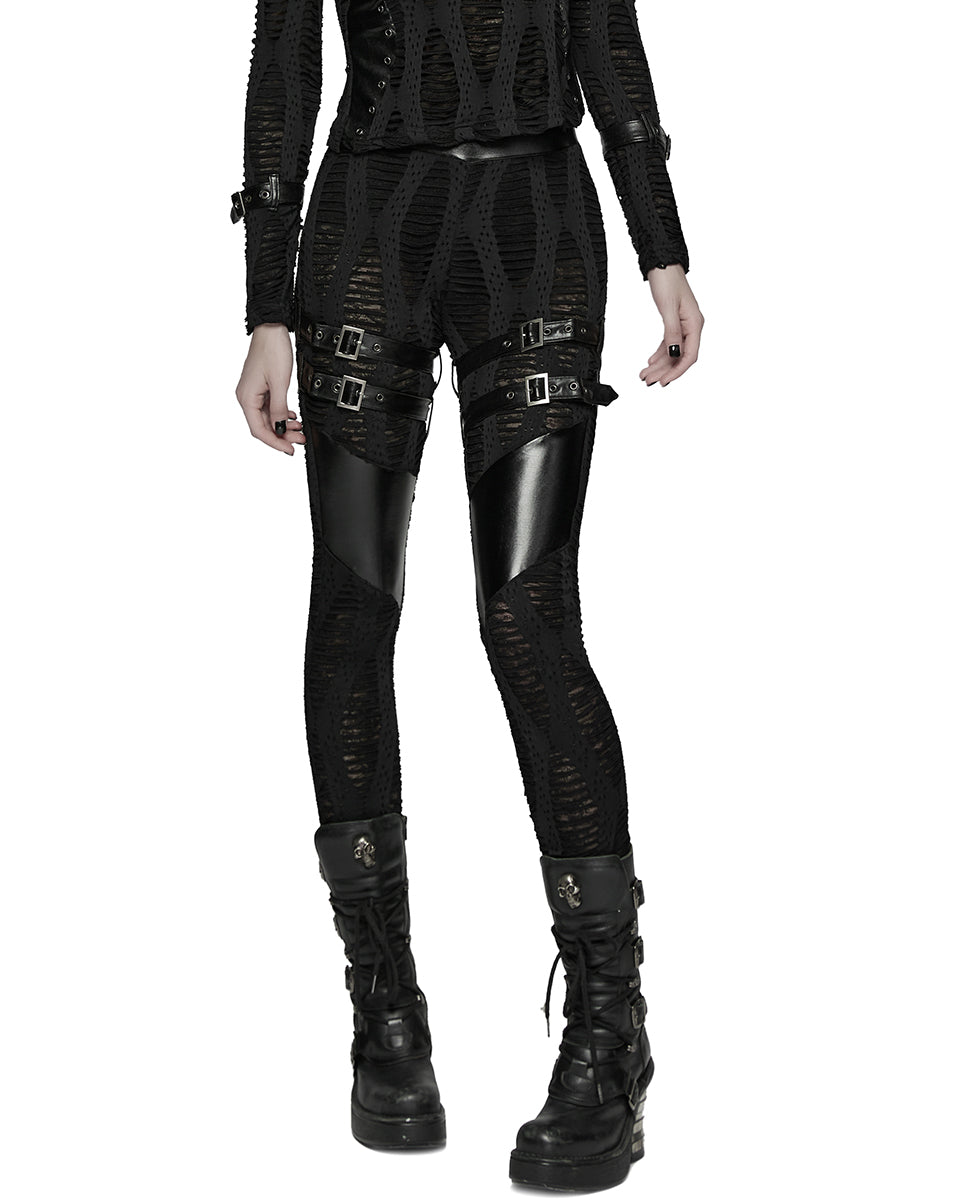WK-743DDF Womens Apocalyptic Gothic Spliced Mesh Strapping Leggings