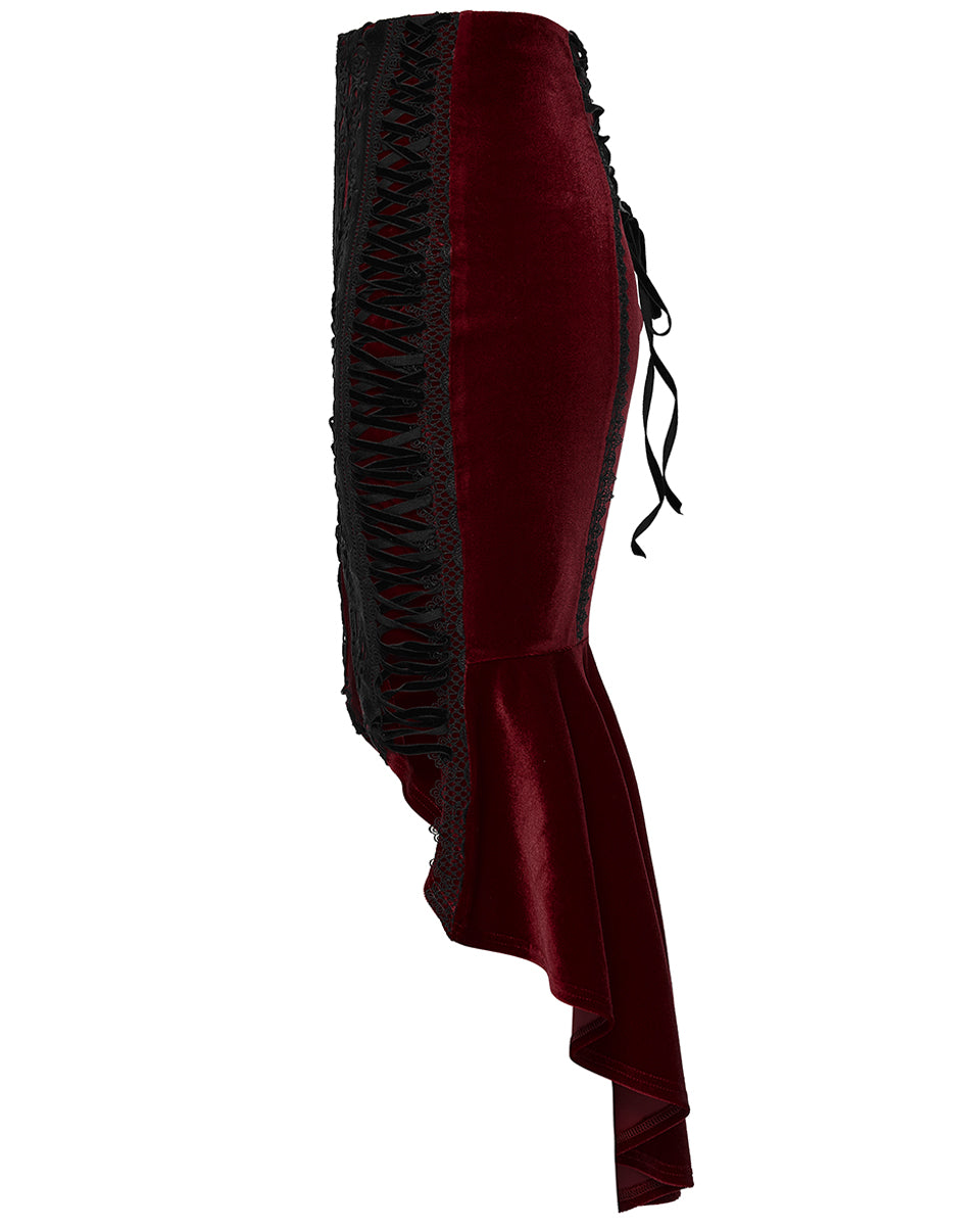 WQ-876BQF Womens Baroque Gothic Rose Embroidered Velvet Fishtail Skirt - Red & Black