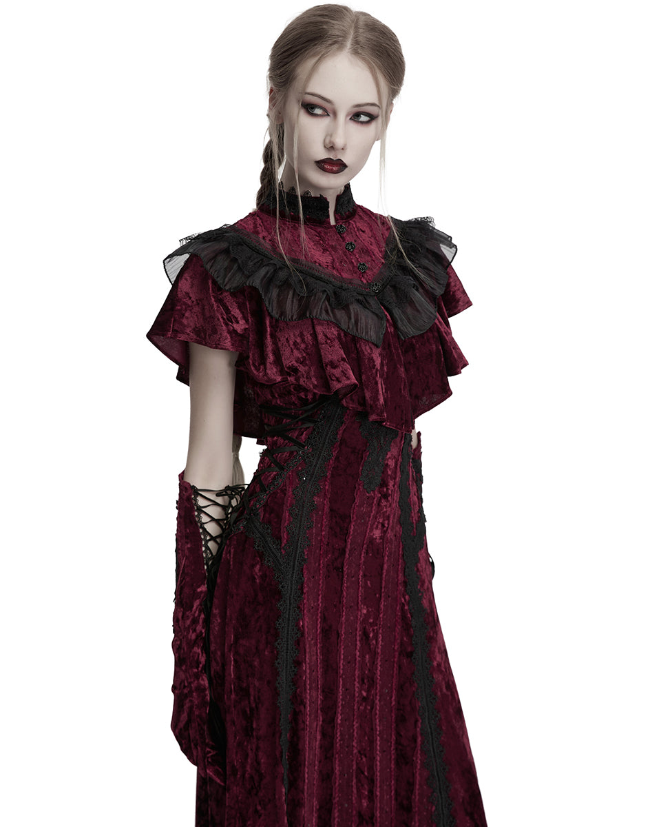 OY-1750DPF Daily Life Womens Gothic Crushed Velvet & Lace Bolero Cape - Red