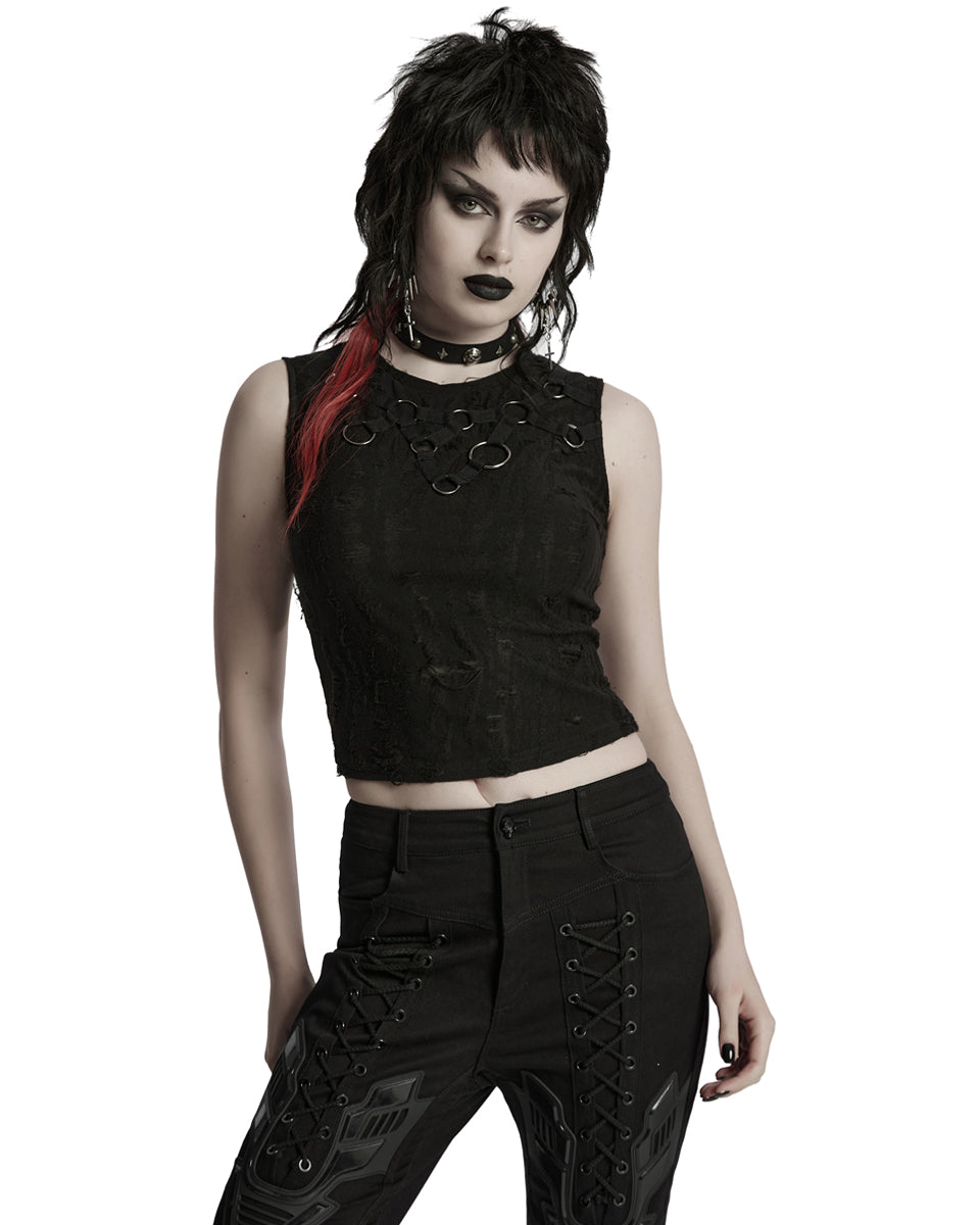WT-920BXF-BKF Womens Apocalyptic Punk Shredded Broken Knit Tank Top Vest