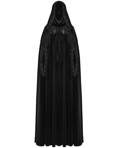 WY-1824DPF Womens Long Gothic Velvet & Lace Applique Hooded Cloak - Black