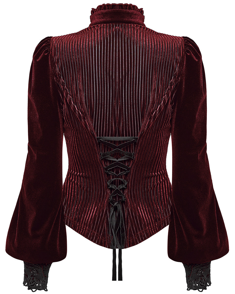 WY-1798CCF Womens Elegant Gothic Striped Velvet & Lace Applique Blouse Top - Red