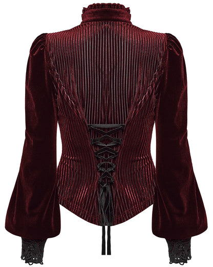WY-1798CCF Womens Elegant Gothic Striped Velvet & Lace Applique Blouse Top - Red