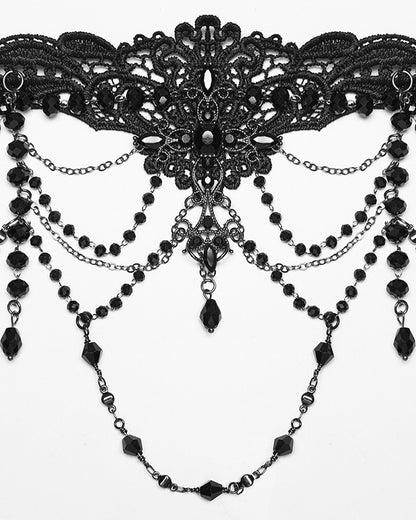 WS-896LHF Womens Elegant Gothic Beaded & Chained Lace Crucifix Necklace