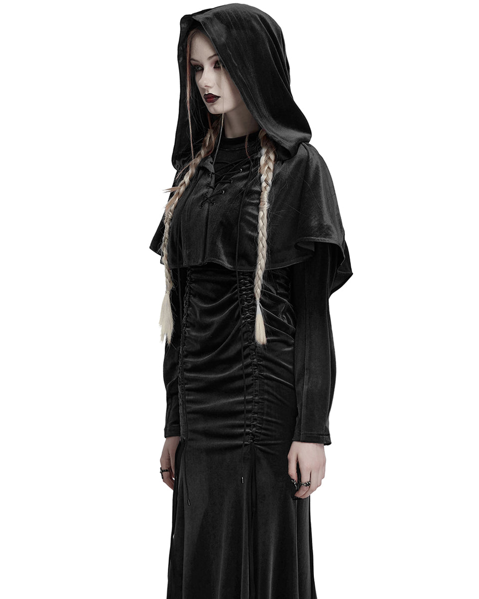 OPY-444DQF Daily Life Womens Velvet Gothic Lolita Hooded Split Tails Bolero Cape - Black