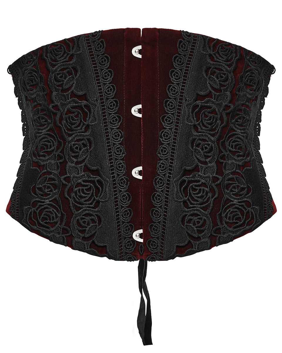 WS-790YDF Womens Baroque Gothic Rose Embroidered Velvet Cincher Corset - Red & Black