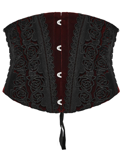WS-790YDF Womens Baroque Gothic Rose Embroidered Velvet Cincher Corset - Red & Black