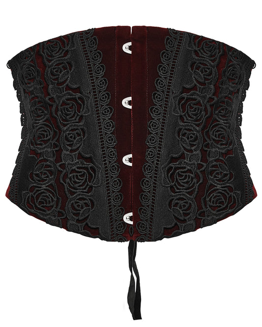 WS-790YDF Womens Baroque Gothic Rose Embroidered Velvet Cincher Corset - Red & Black