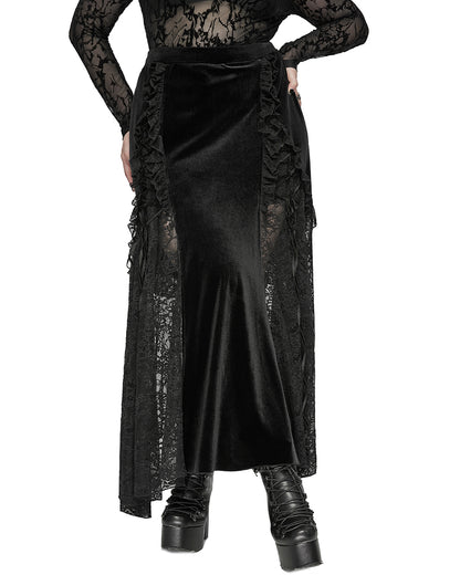 DQ-728BQF Plus Size Womens Long Gothic Velvet & Lace Ruffle Maxi Skirt