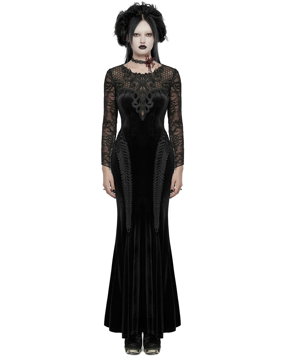 WQ-763LQF Womens Long Gothic Velvet & Lace Applique Maxi Dress - Black