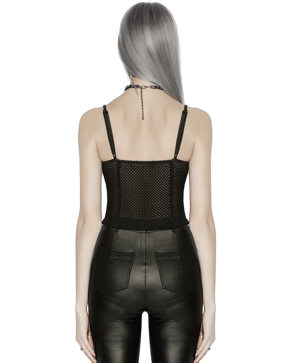 PR-OT-1070DDF-BKF Daily Life Womens Cyberpunk Faux Leather & Mesh Skull Camisole Vest Top