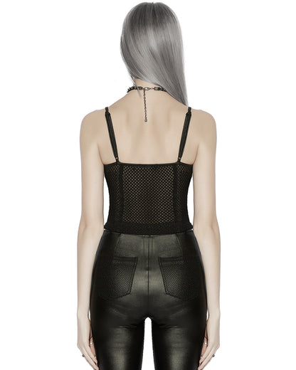 PR-OT-1070DDF-BKF Daily Life Womens Cyberpunk Faux Leather & Mesh Skull Camisole Vest Top