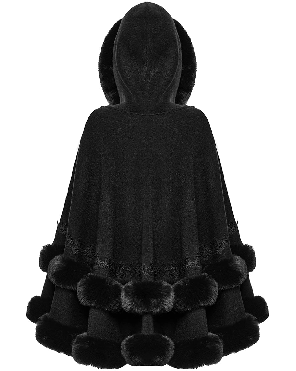 OM-092HMF Daily Life Womens Plush & Faux Fur Hooded Winter Cloak - Black