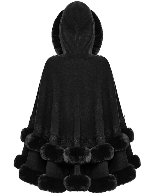 OM-092HMF Daily Life Womens Plush & Faux Fur Hooded Winter Cloak - Black