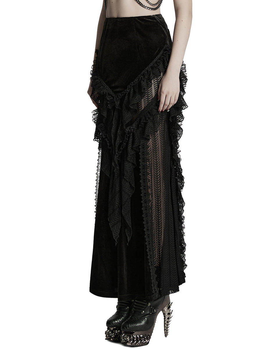 WQ-841BQF-BKF Womens Long Victorian Gothic Velvet & Lace Maxi Skirt