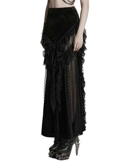 WQ-841BQF-BKF Womens Long Victorian Gothic Velvet & Lace Maxi Skirt