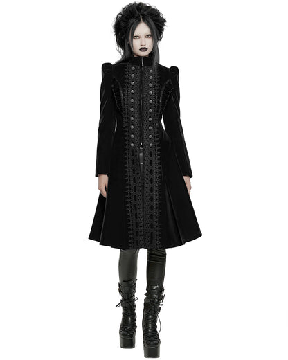 WY-1633XCF Womens Gothic Velvet Embellished Mid Length Military Coat - Black