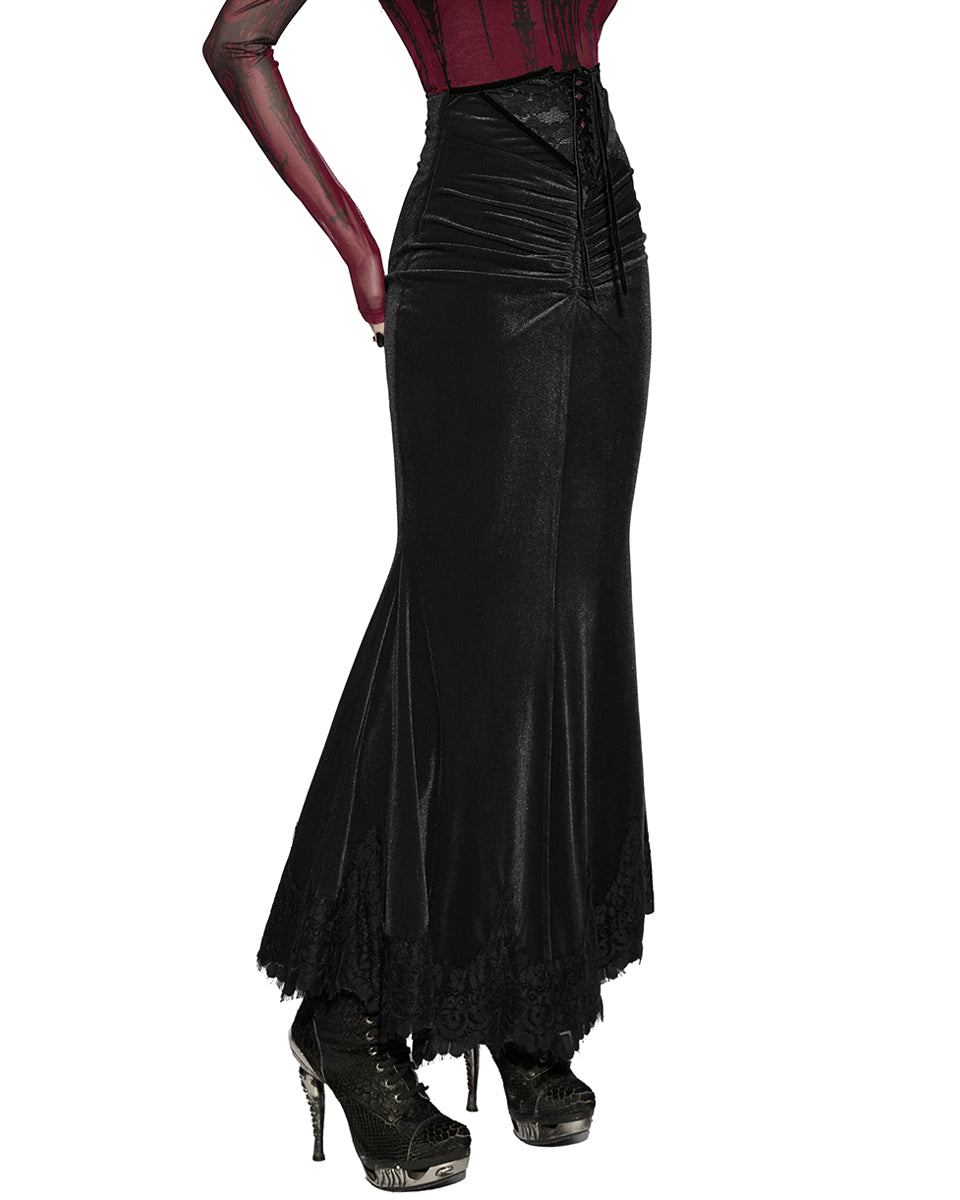 PR-OQ-844BQF-BKF Daily Life Womens Long Gothic Velvet Ruched Split Waist Skirt - Black