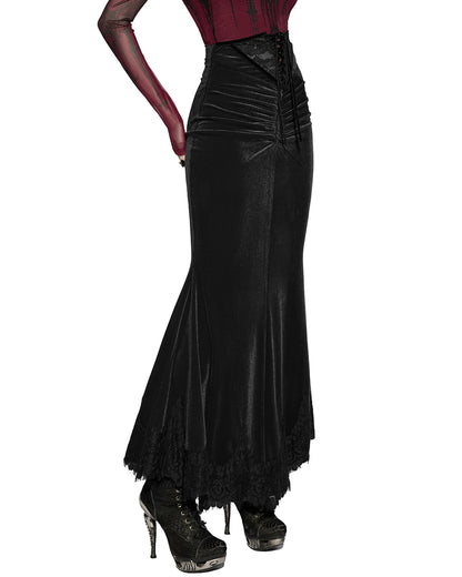 PR-OQ-844BQF-BKF Daily Life Womens Long Gothic Velvet Ruched Split Waist Skirt - Black