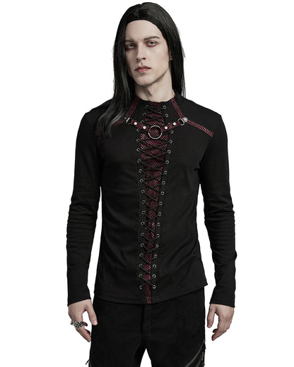 WT-896TCM-BKRDM Mens Dark Punk Lace-Up Mesh Inset Top - Black & Red