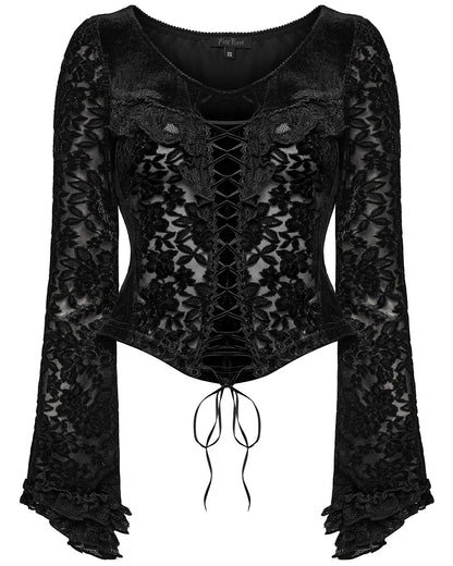 WT-912TCF Womens Baroque Gothic Devore Velvet Lace Up Blouse Top