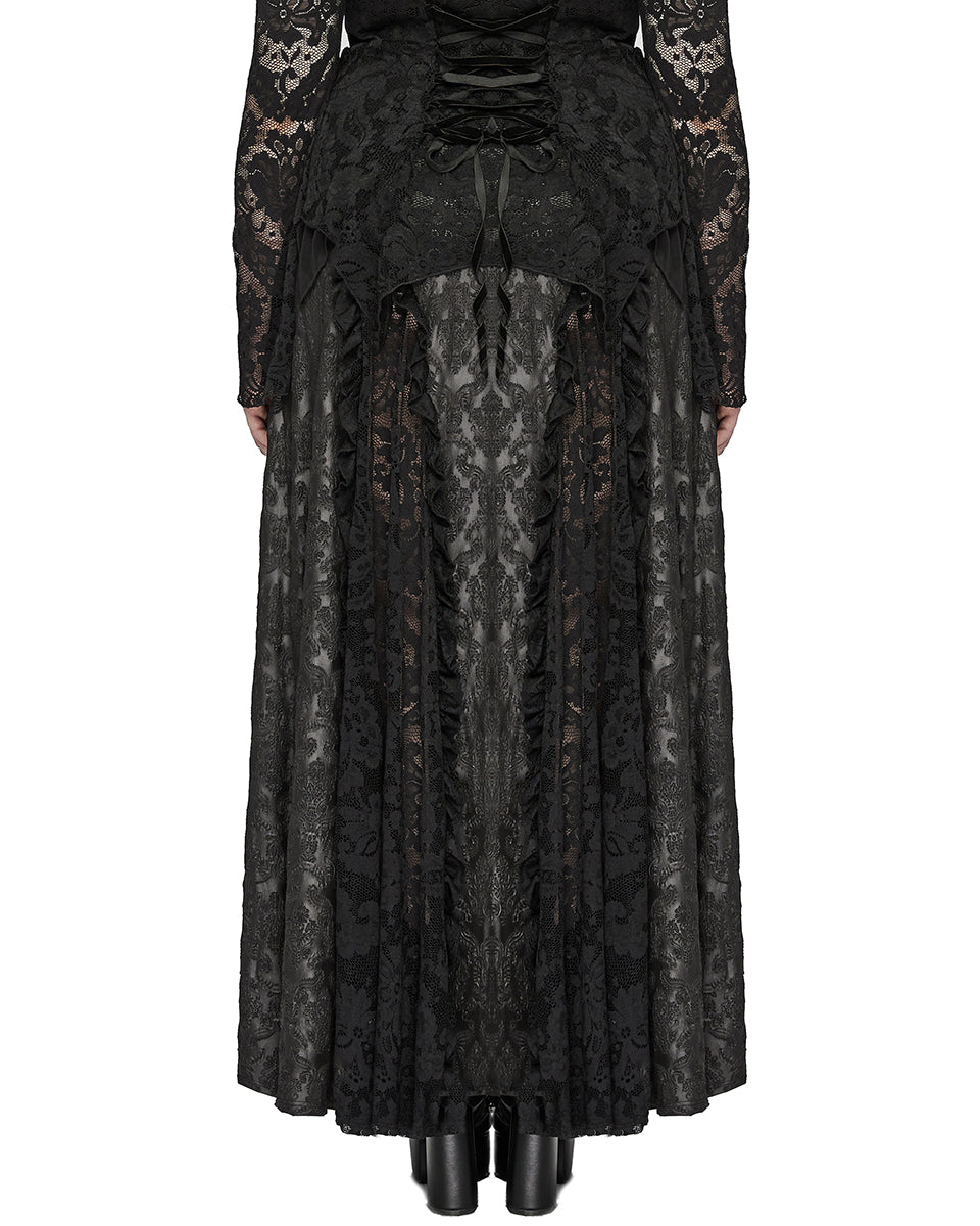 DQ-744BQF Plus Size Womens Gothic Embossed Damask & Lace Maxi Skirt