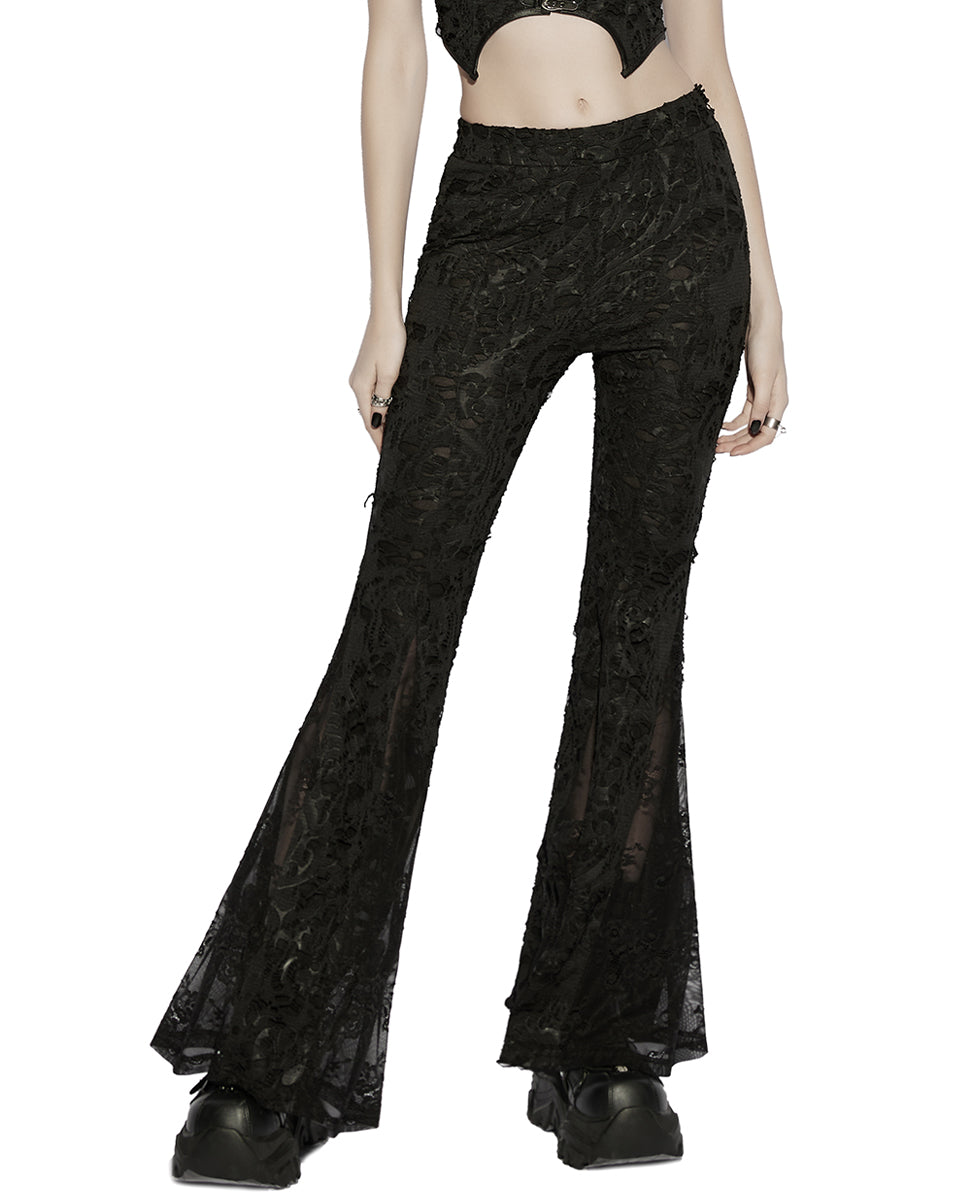 PR-OK-726XCF-BKF Daily Life Womens Apocalyptic Gothic Shredded Jacquard & Lace Flared Leggings