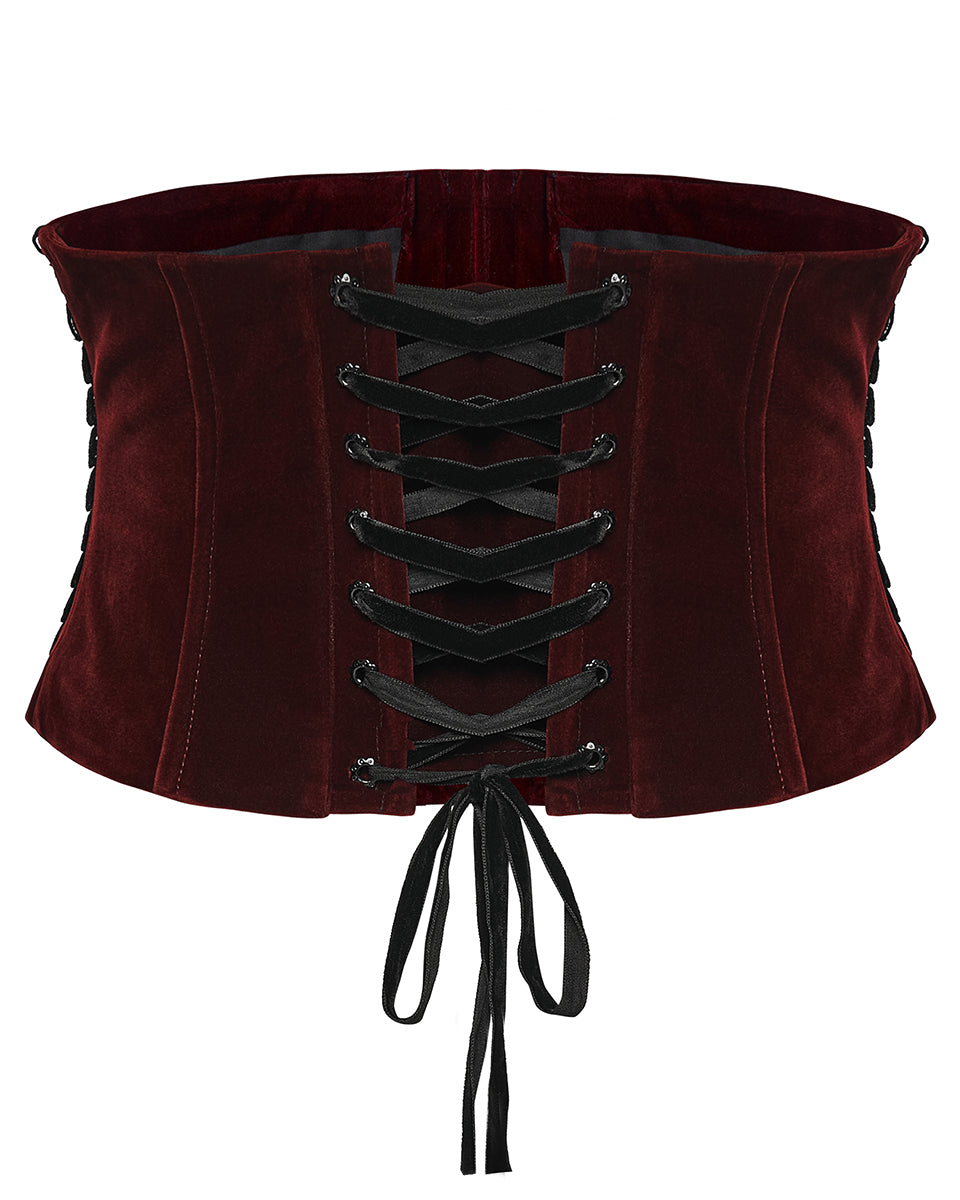 WS-790YDF Womens Baroque Gothic Rose Embroidered Velvet Cincher Corset - Red & Black