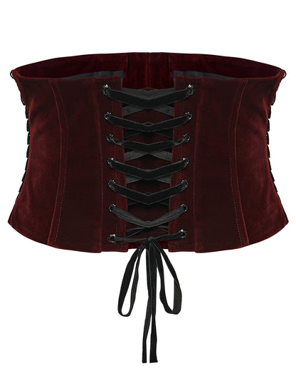 WS-790YDF Womens Baroque Gothic Rose Embroidered Velvet Cincher Corset - Red & Black