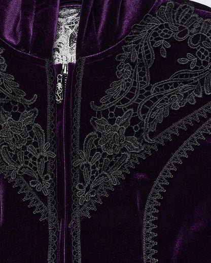 PR-DY-1510LCF-BKVIF Womens Gorgeous Gothic Lace Applique Hooded Coat - Extended Size Range - Purple Velvet