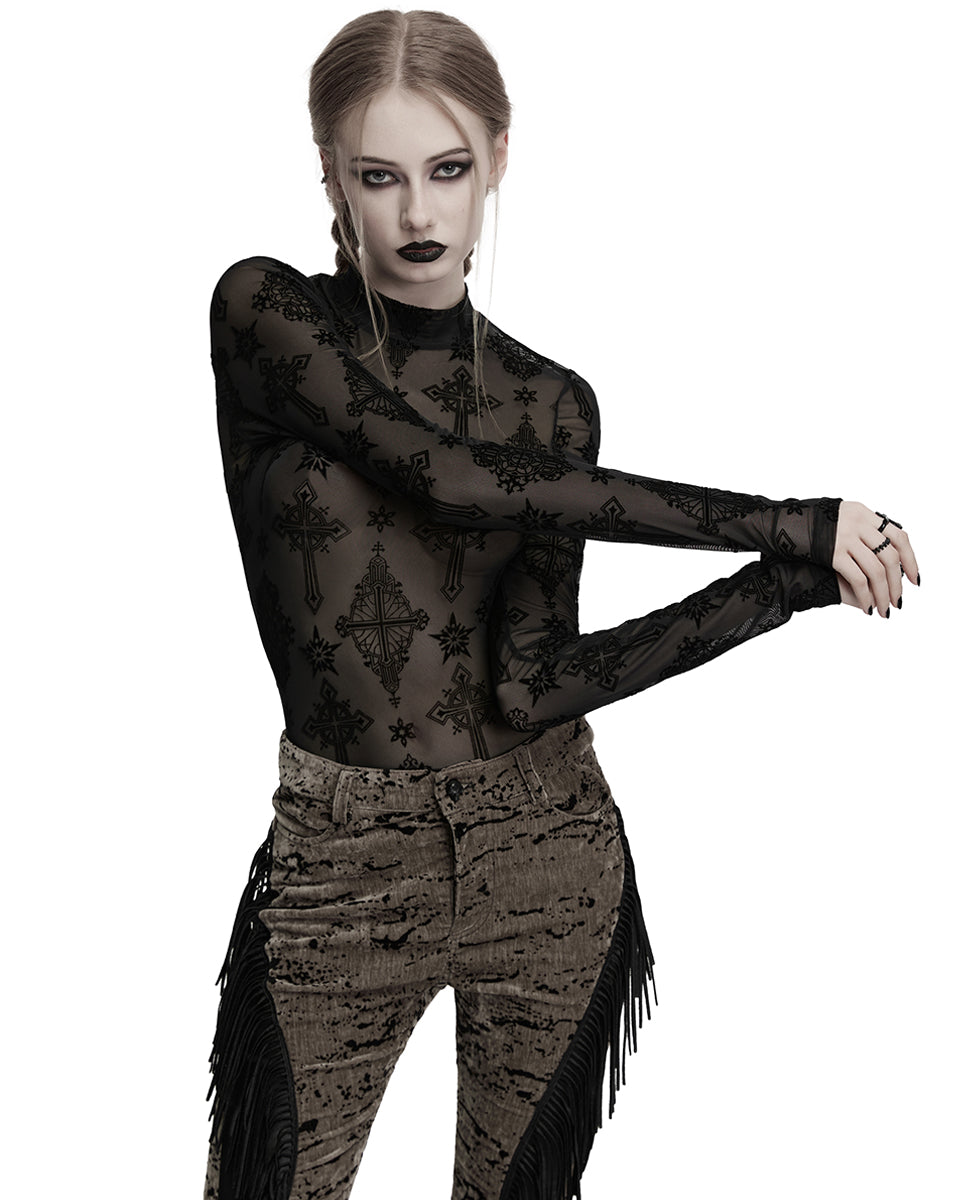 OT-990DQF-BKF Womens Gothic Flocked Mesh Crucifix Top