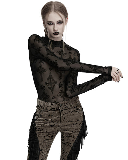 OT-990DQF-BKF Womens Gothic Flocked Mesh Crucifix Top