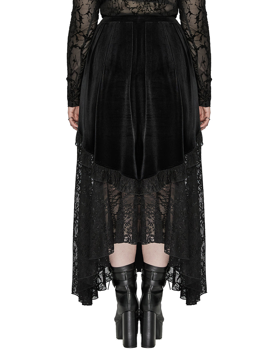 DQ-728BQF Plus Size Womens Long Gothic Velvet & Lace Ruffle Maxi Skirt