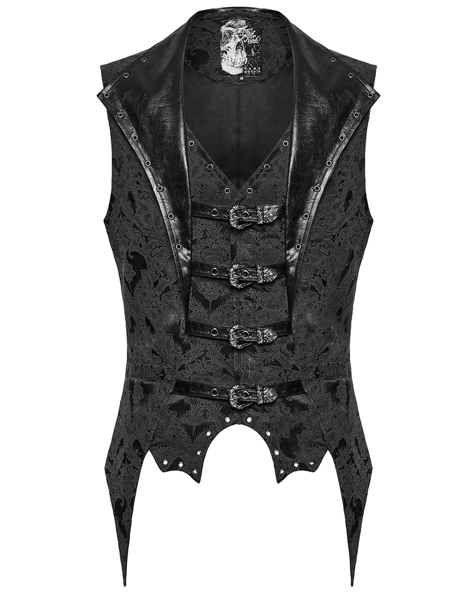WY-1765MJM-BKM Mens Dark Victorian Gothic Damask Jacquard Waistcoat Vest - Black