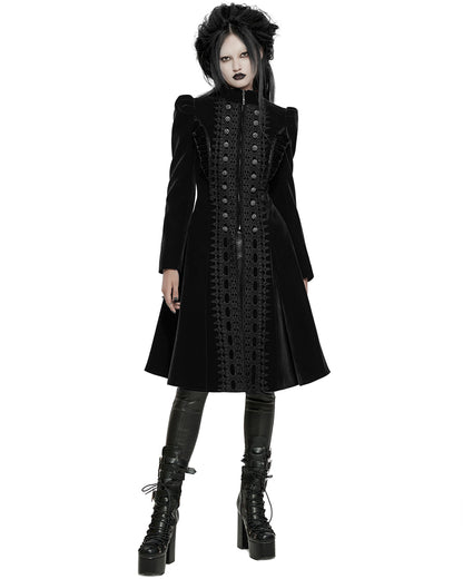 WY-1633XCF Womens Gothic Velvet Embellished Mid Length Military Coat - Black