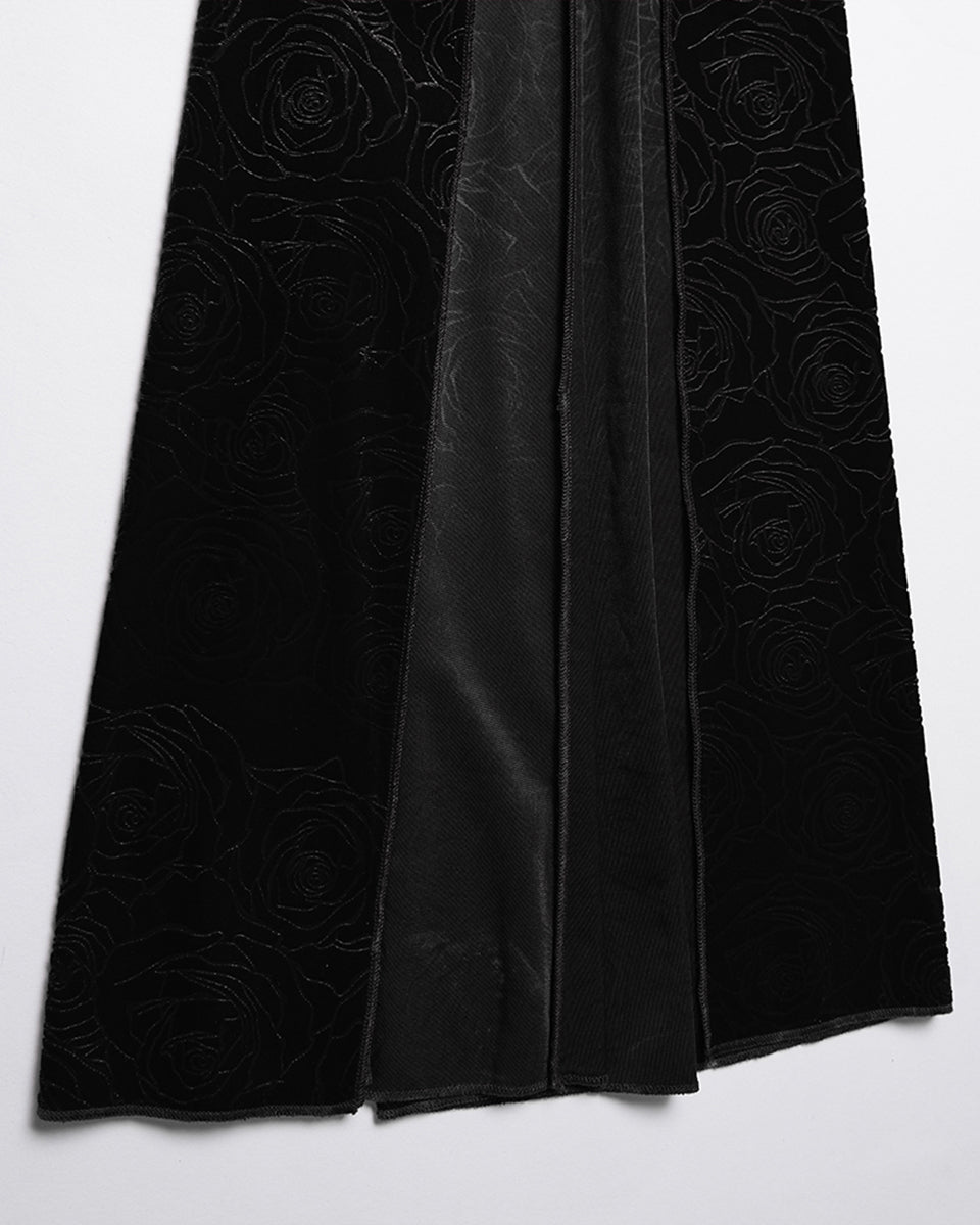 WQ-896LQF Womens Long Gothic Rose Velvet Flared Split Sleeve Maxi Dress - Black