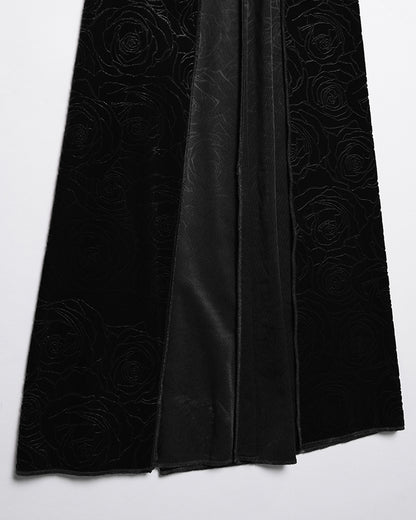 WQ-896LQF Womens Long Gothic Rose Velvet Flared Split Sleeve Maxi Dress - Black