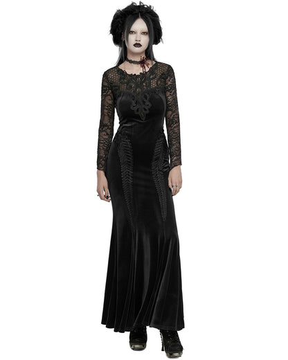 WQ-763LQF Womens Long Gothic Velvet & Lace Applique Maxi Dress - Black