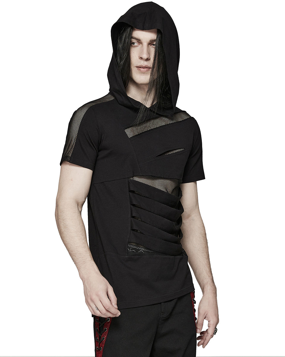 PR-T774-BKM Mens Gothic Punk Shredded Mesh Inset Hooded T Shirt Top