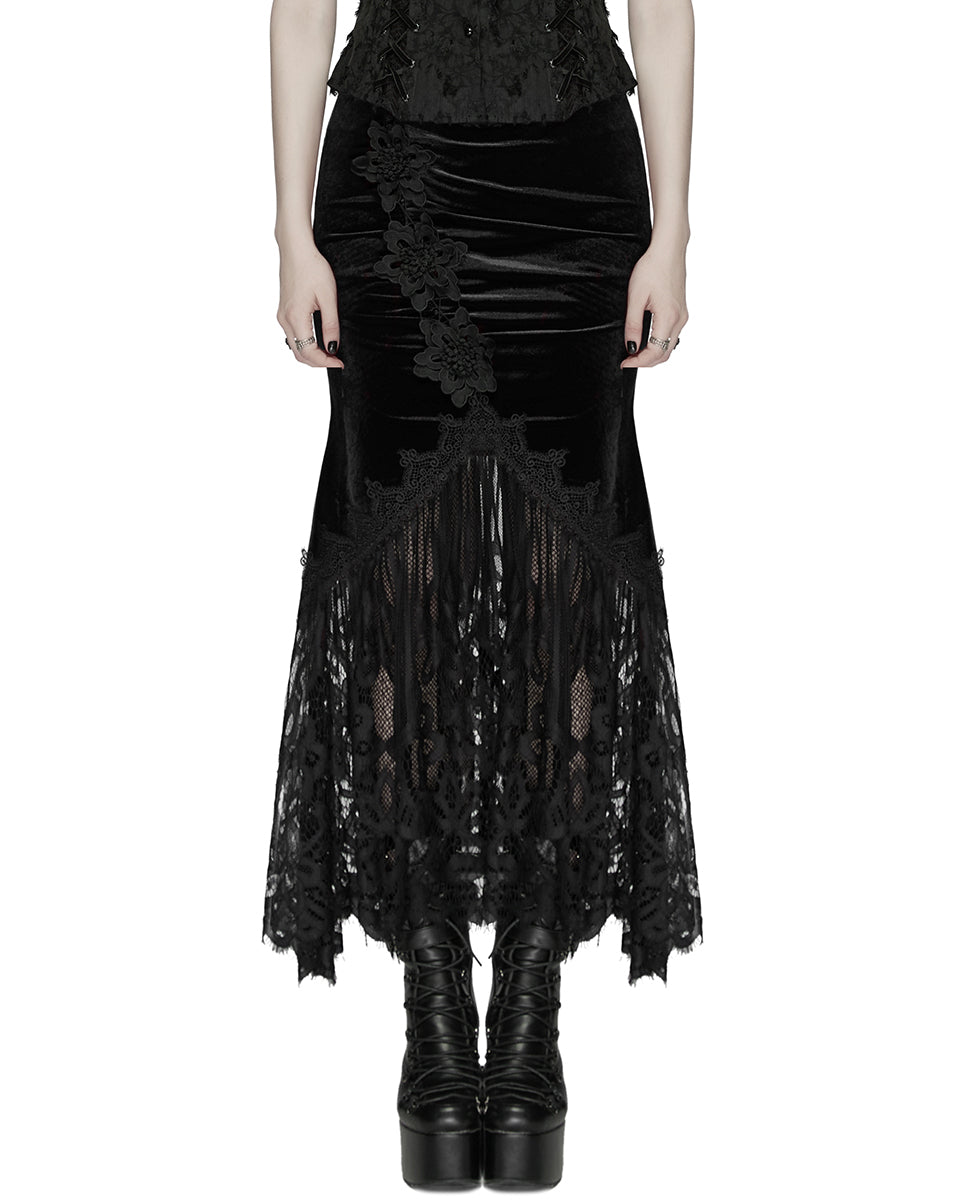 WQ-833BQF Womens Gorgeous Gothic Ruched Velvet & Lace Long Fishtail Skirt