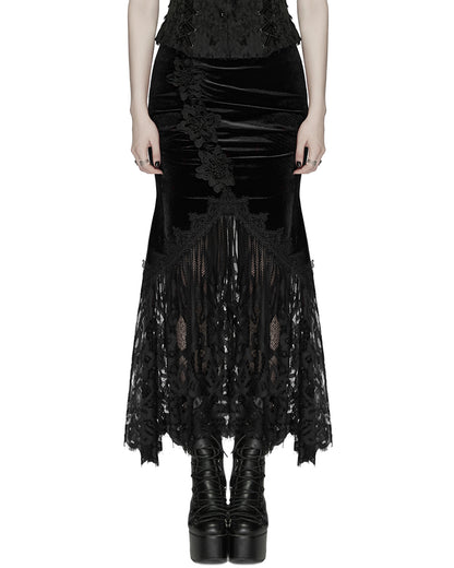 WQ-833BQF Womens Gorgeous Gothic Ruched Velvet & Lace Long Fishtail Skirt