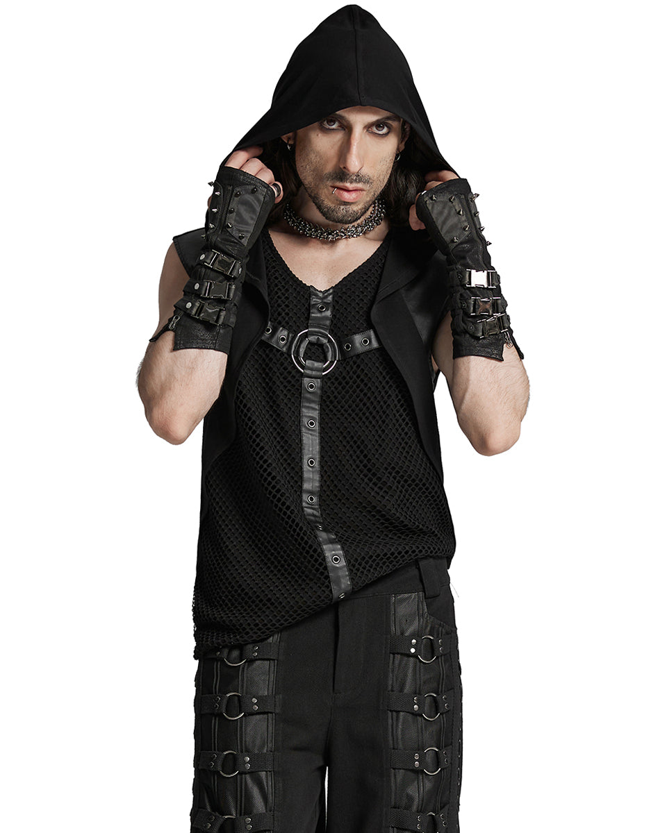 WT-936BXM Mens Apocalyptic Cyberpunk Mesh Overlay Hooded Tank Top Vest