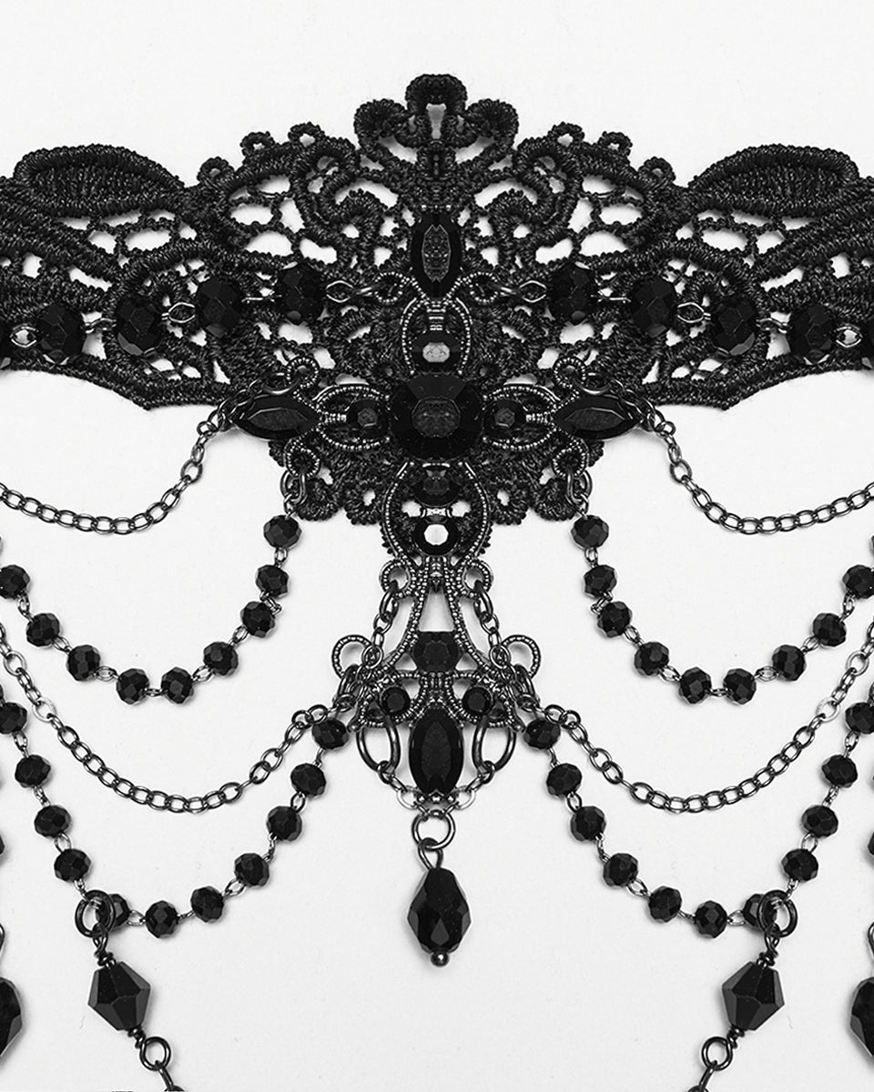 WS-896LHF Womens Elegant Gothic Beaded & Chained Lace Crucifix Necklace