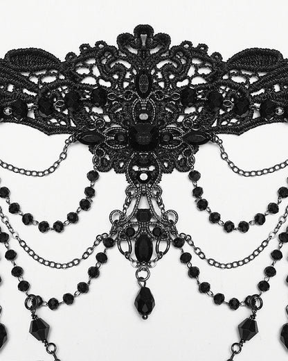 WS-896LHF Womens Elegant Gothic Beaded & Chained Lace Crucifix Necklace