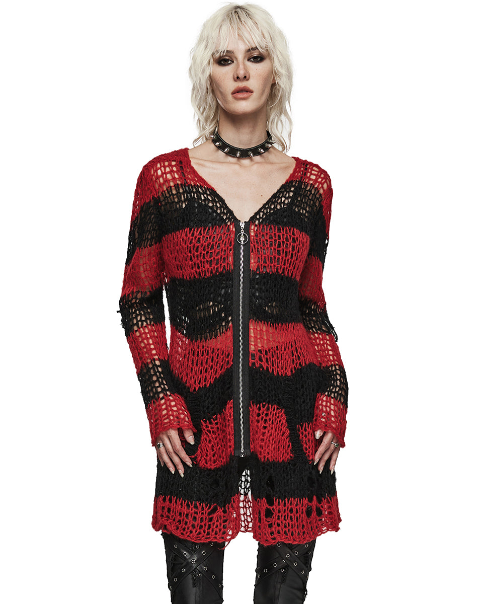 PR-WM-077KMF-RDF Womens Gothic Striped Shredded Cardigan Sweater - Red & Black