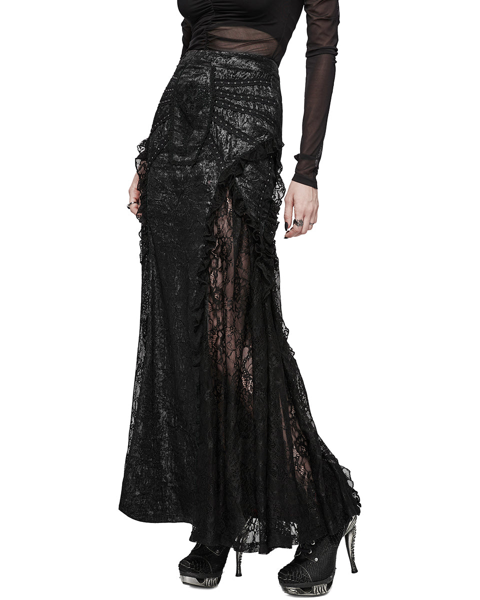 WQ-706BQF-BKF Long Textured Floral Tribute Casket Maxi Skirt - Black