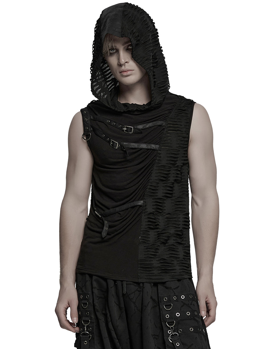 WT-1003BXM-BKM Mens Apocalyptic Gothic Spliced & Shredded Hooded Tank Top Vest